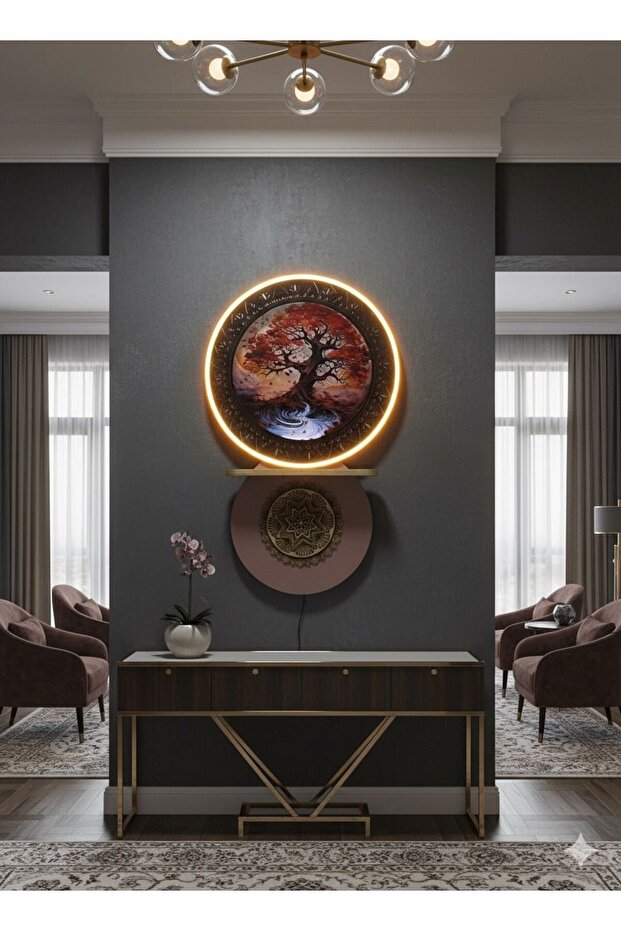 LED Aydınlatmalı Modern Tasarım Ahşap Duvar Tablosu Yuvarlak - 3