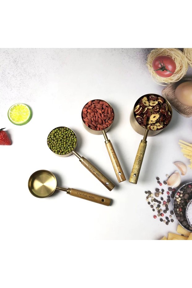 4-Piece Wooden Handle Gold Measuring Spoon Sauce Bowl