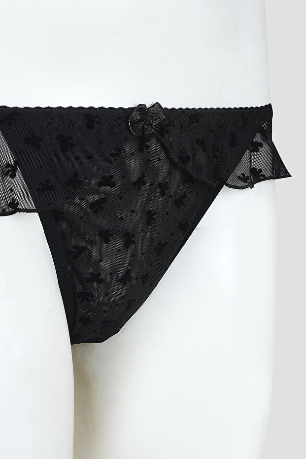 Siyah Bow Fırfırlı String - 2