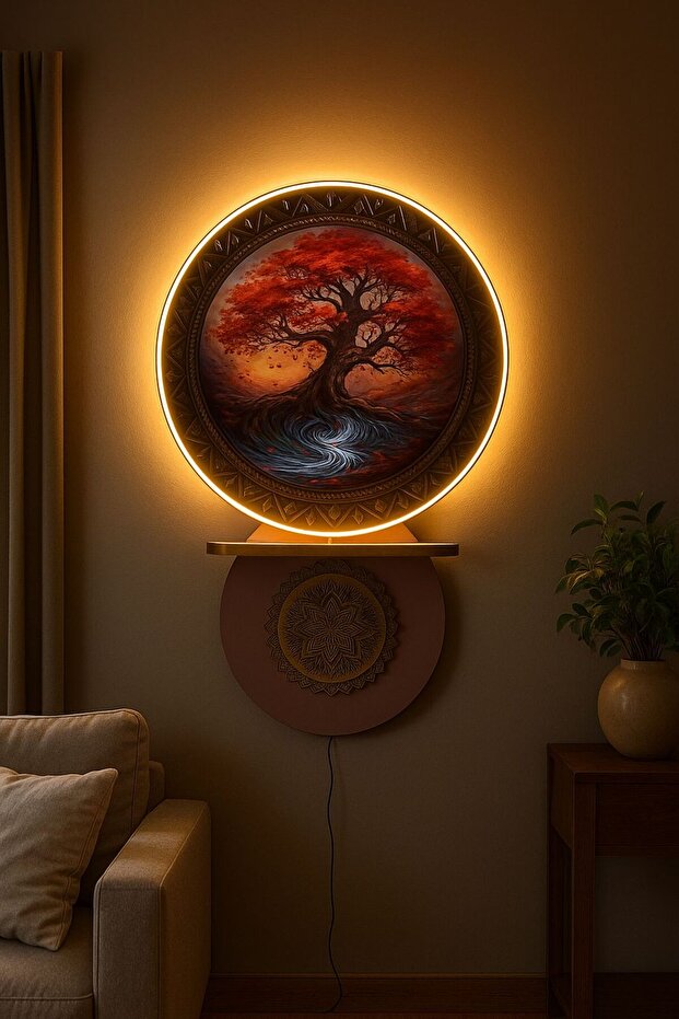 LED Aydınlatmalı Modern Tasarım Ahşap Duvar Tablosu Yuvarlak - 2