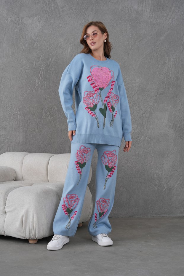 Women's beaded and embroidered loose fit knit sweater and pants top and bottom set