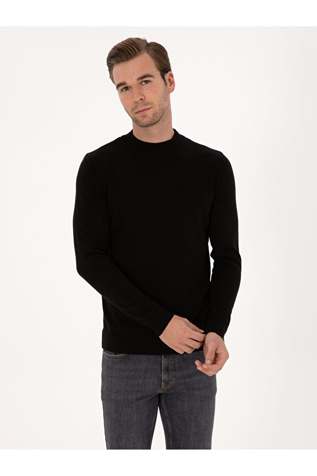 Black Slim Fit 100% Cotton Quarter Turtleneck Knitwear Sweater 50318950-Vr046