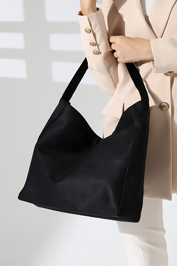 Black Suede Women's Bag Large Size Zippered Shoulder and Shoulder Bag