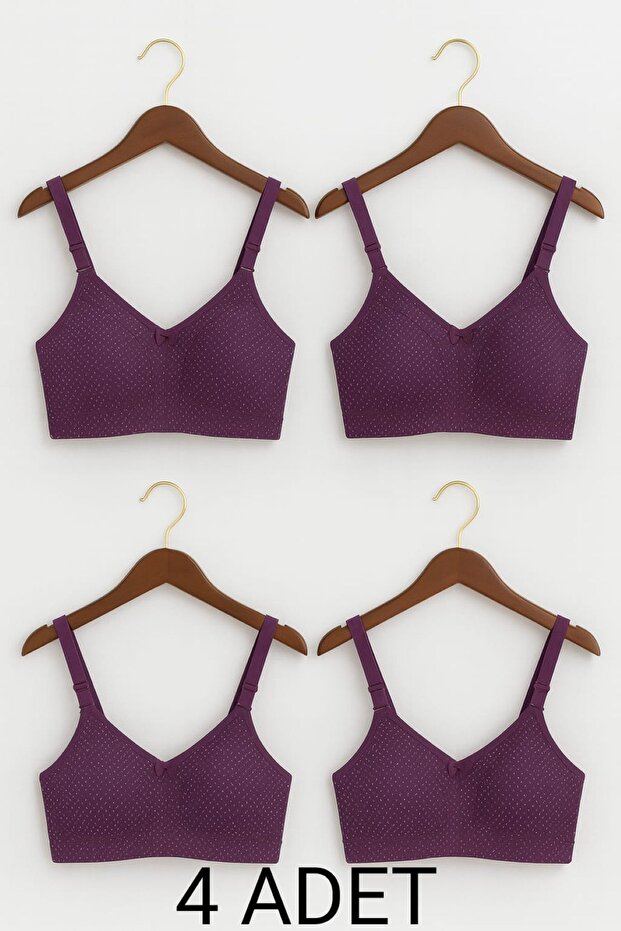 4 Pieces Purple Cotton Combed Bra – Without Underwire, Without Padding, Polka Dot Pattern