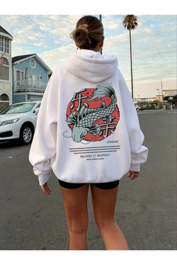 Unisex Koi Fish Colorful Custom Printed Cotton Oversize Hooded Sweatshirt