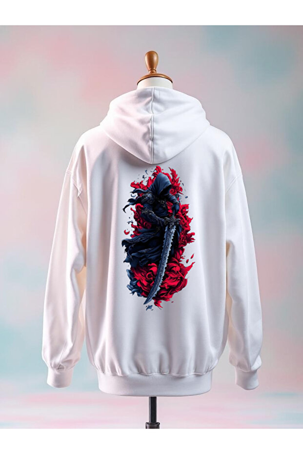 Printed Cotton 3 Thread Oversized White Sweatshirt