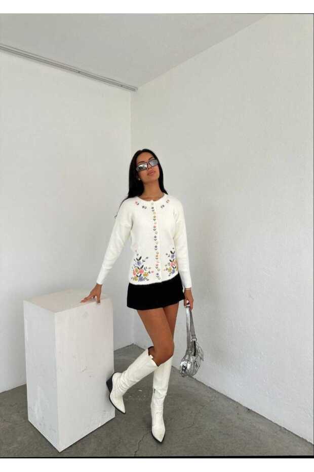 Trend Embroidered Floral Buttoned Knitwear Cardigan Women