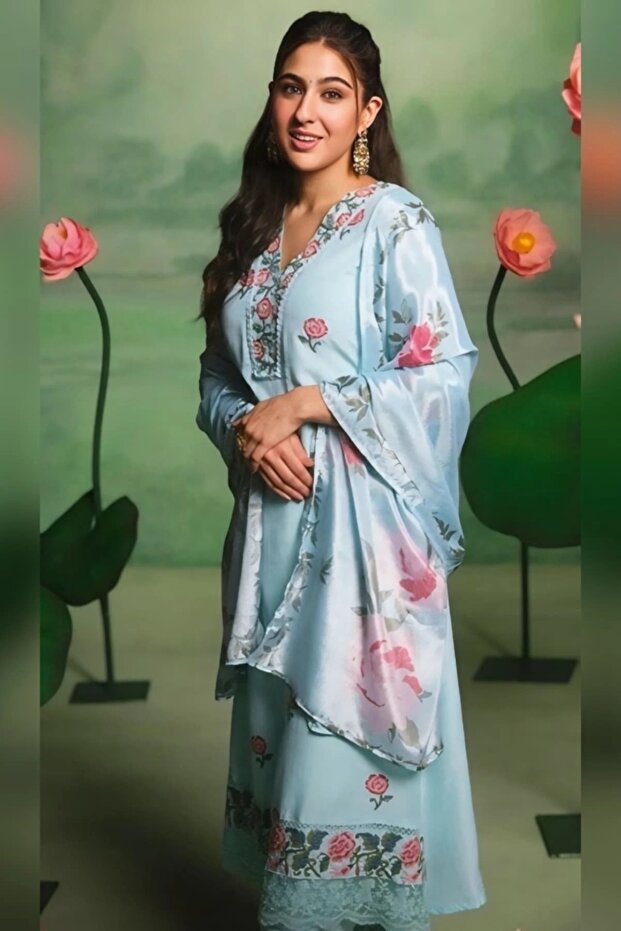 Light Blue Floral Printed A-Line Flared Kurta Set with Pant and Dupatta