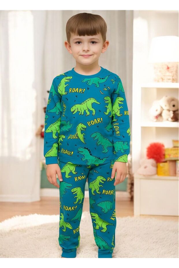 Isob Dinosaur Patterned 100% Cotton Boys Pajama Set 8-13 Years 51321-51501