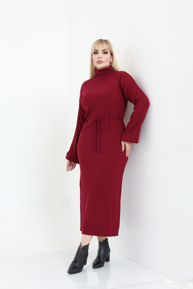 Dik Yaka Geniş Kol Triko Örme Elbise - 4