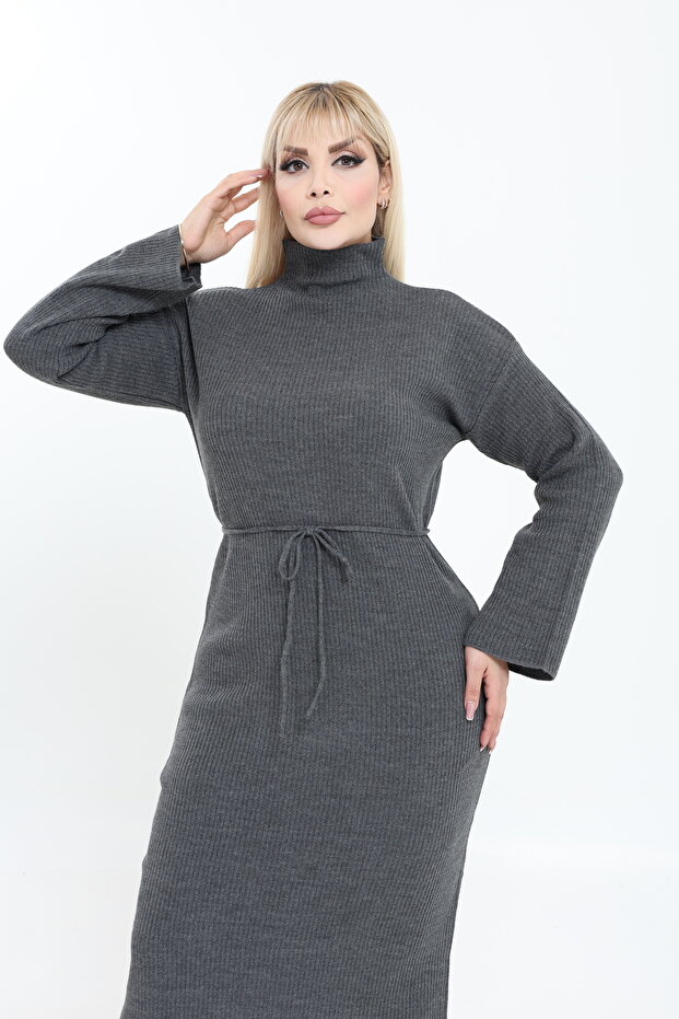 Dik Yaka Geniş Kol Triko Örme Elbise - 2