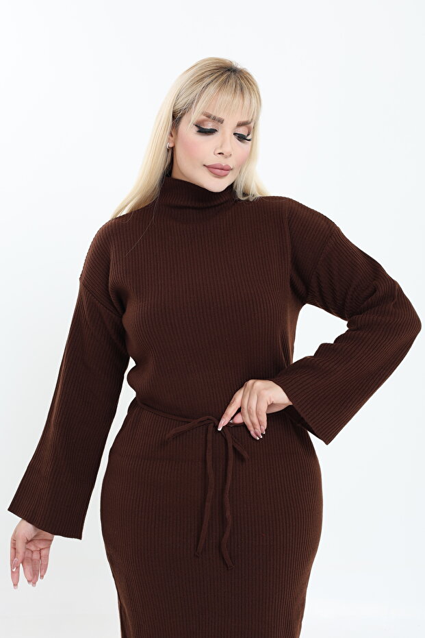 Dik Yaka Geniş Kol Triko Örme Elbise - 2