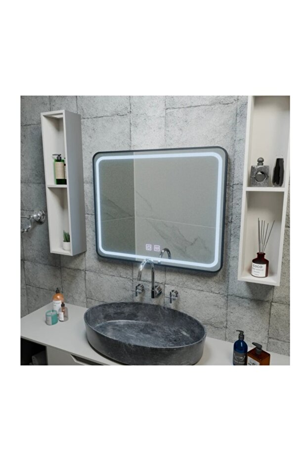 Rectangular LED Mirror 80x60cm – Edge Touch with Demisting System, Black Frame - 2