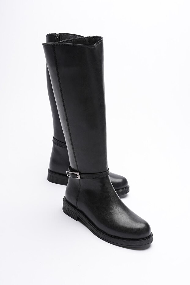 Women's Leather Boots with Zipper Platinum Buckle Black Reva