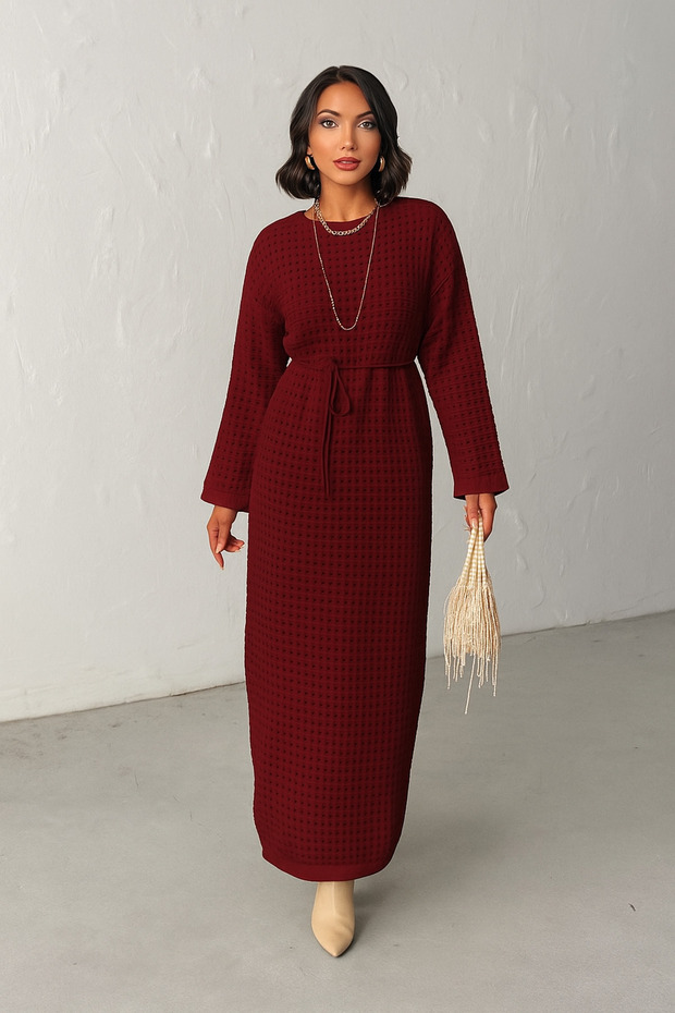 Women's Lined Belted Long Knit Dress