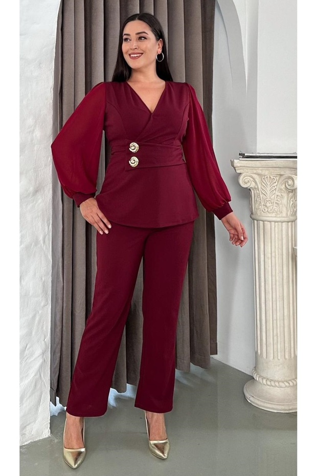 Women's Plus Size Double Breasted Lapel Chiffon Sleeve Double Brooch Detail Stretchy Evening Dress Suit 25036
