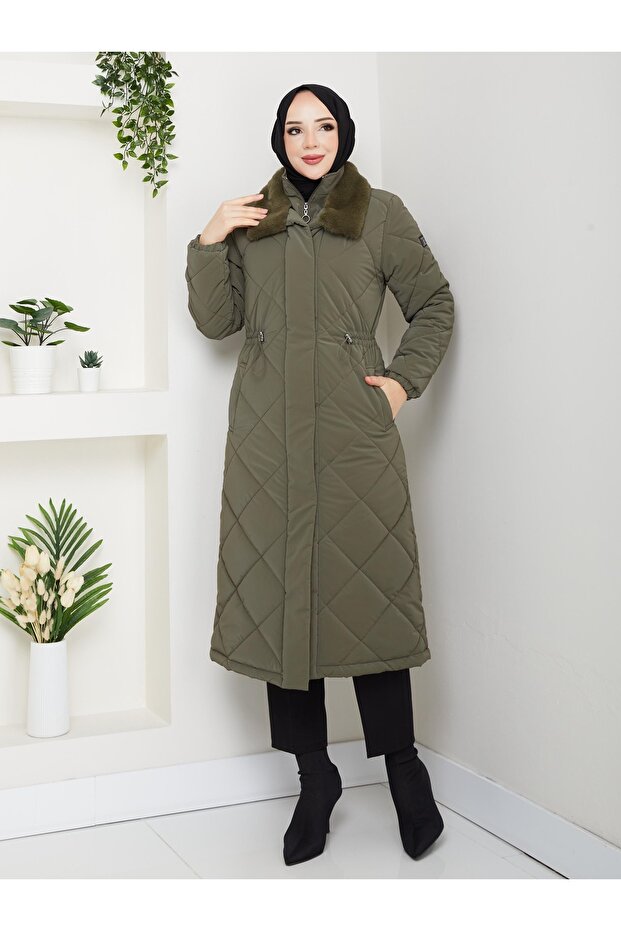 Women's Padded Collar Fur-Lined Khaki Nova Quilted Coat