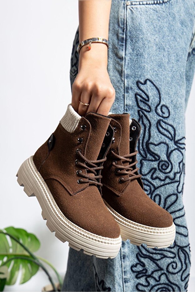 Kahve Süet Bağcıklı Yüksek Taban Kadın Bot - 1