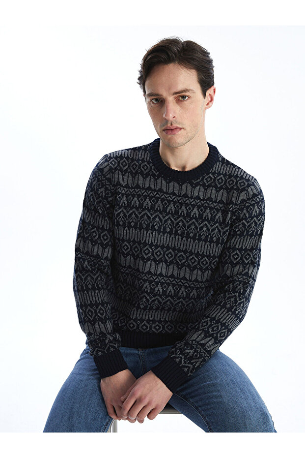 Vizyon New Season Crew Neck Long Sleeve Patterned Men's Knitwear Sweater