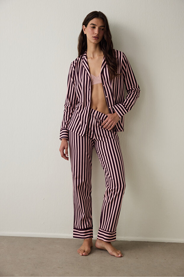 Pink Maroon Striped Shirt Collar Cotton Pajama Set