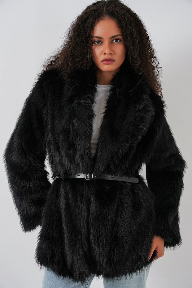 Women's Belted Oversize Fur Coat 9156 - Black