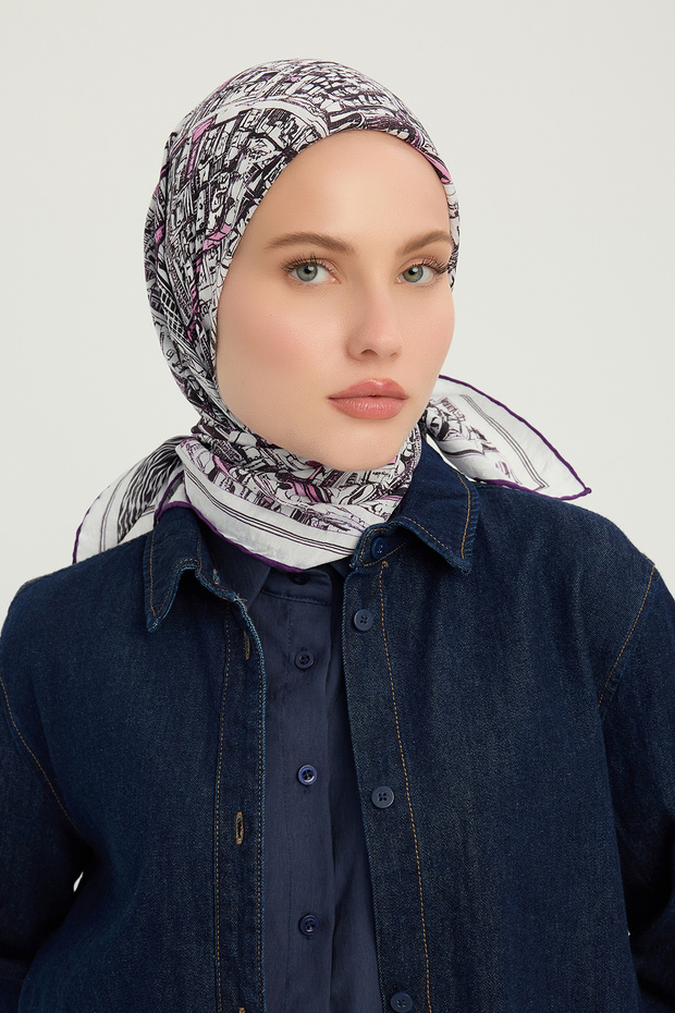 City of Echoes - Purple - Vierra Patterned Viscose Scarf - 90X90 cm
