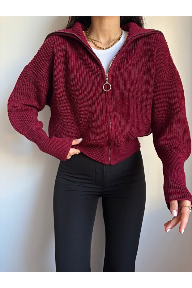 Claret Red Turn-Down Collar Zippered Knitwear Cardigan