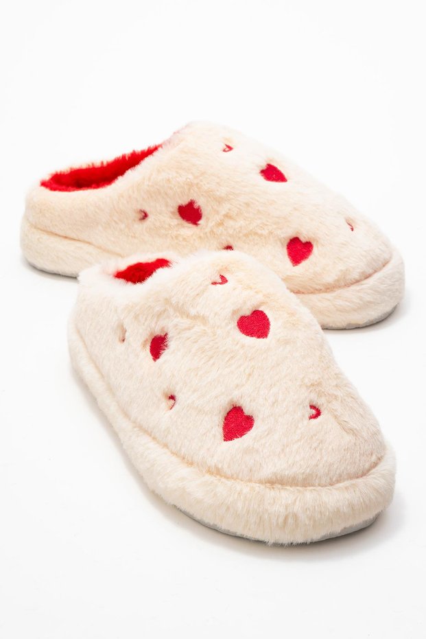 Women's Open-Back Heart-Shaped Furry House Slippers; Ecru
