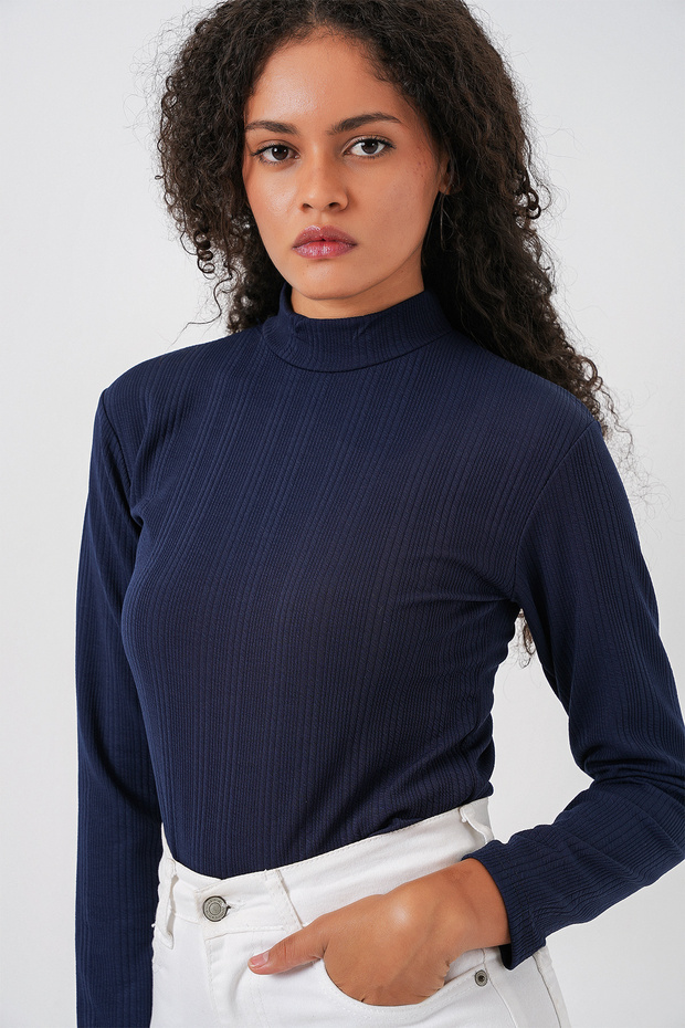 Women's Long Sleeve Ribbed Bodysuit 976 - Navy Blue