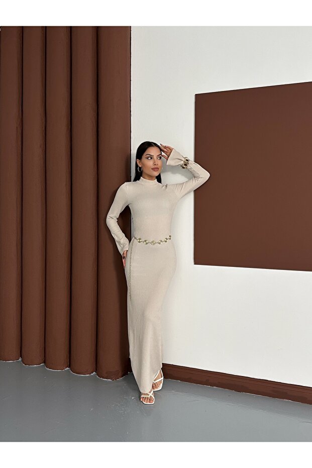 Women's Beige Belt Detailed Long Dress