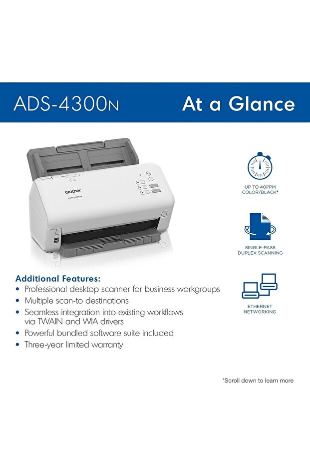 ADS-4300N Professional Desktop Scanner with Fast Scan Speeds, Duplex, and Networking - 3