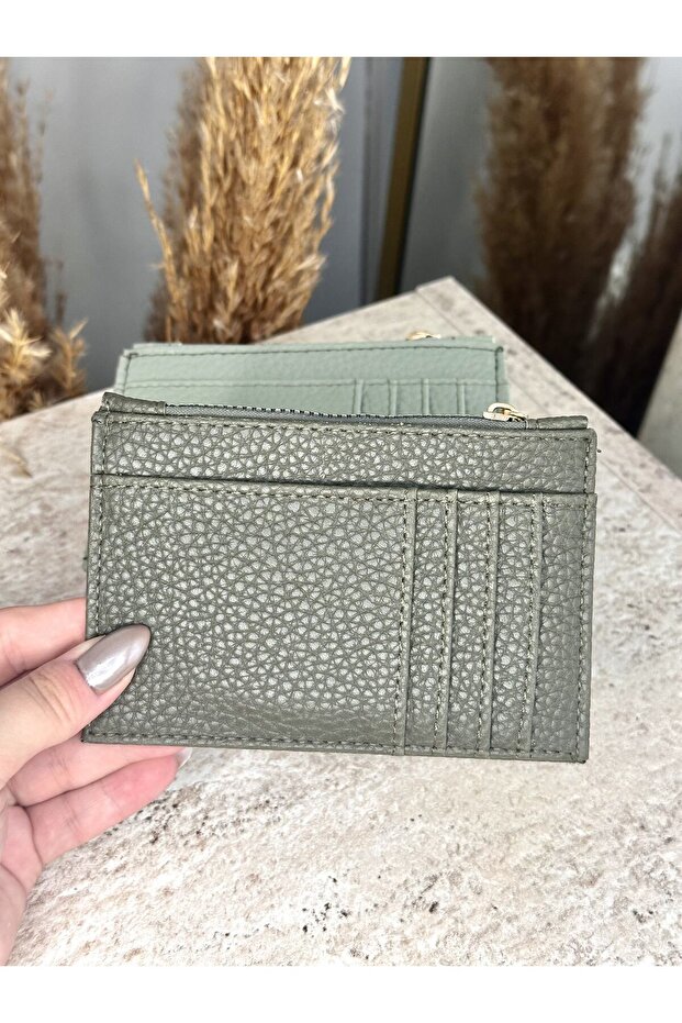 Faux Leather Khaki Women's Card Holder - with Zippered Card Holder and Money Compartment