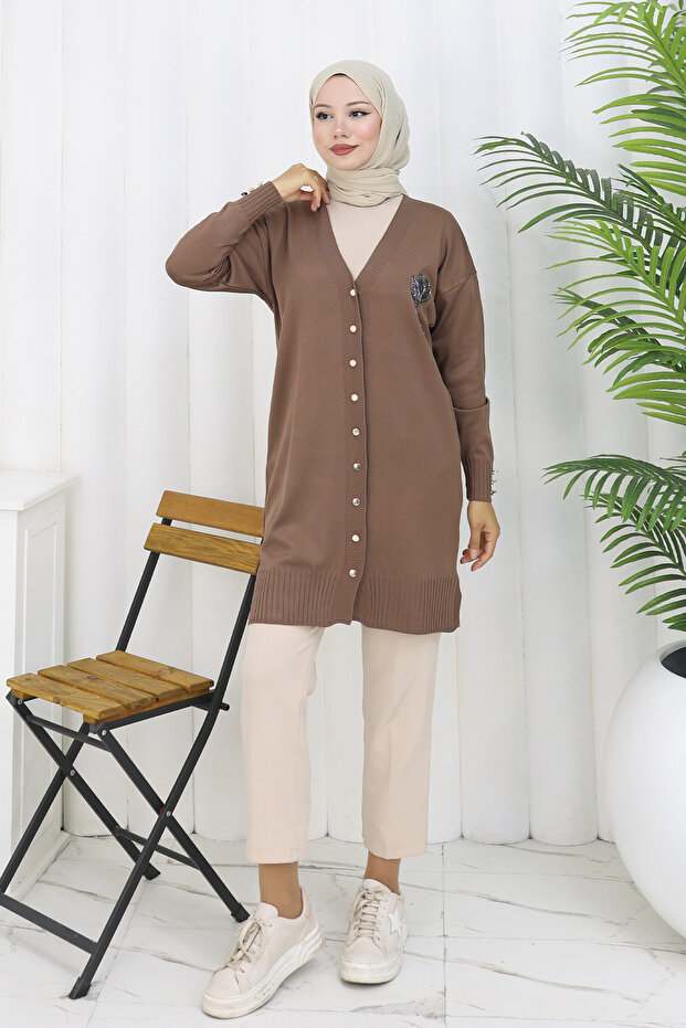Long Mercerized Cardigan with Collar Detail N3260 Mink