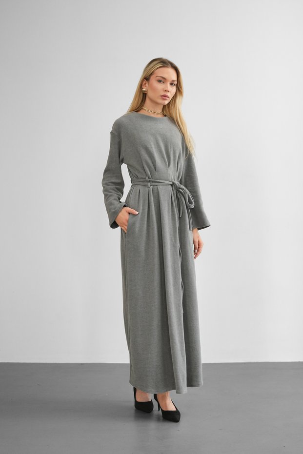 Women's Soft Gray Long Dress with Pleated Front and Lace Detail
