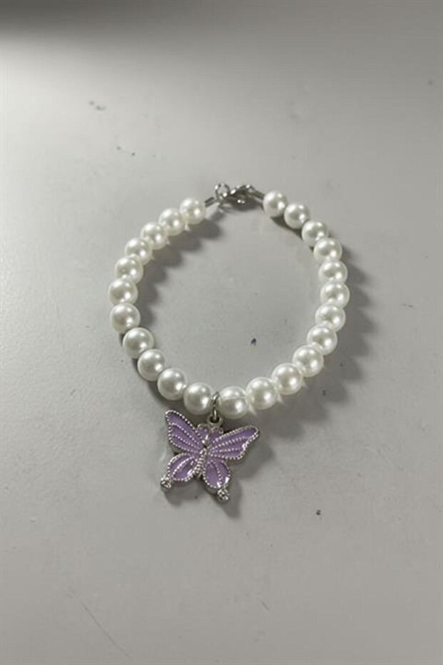 White Pearl Bracelet with Purple Butterfly