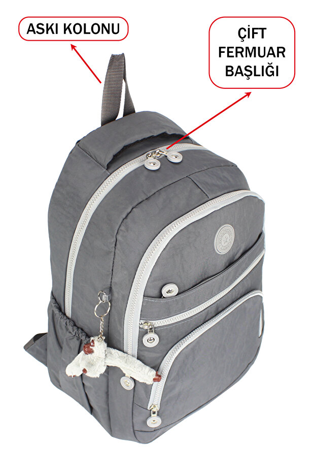 حقيبة مدرسية رمادية متعددة الأقسام مع جيوب جانبية - 6