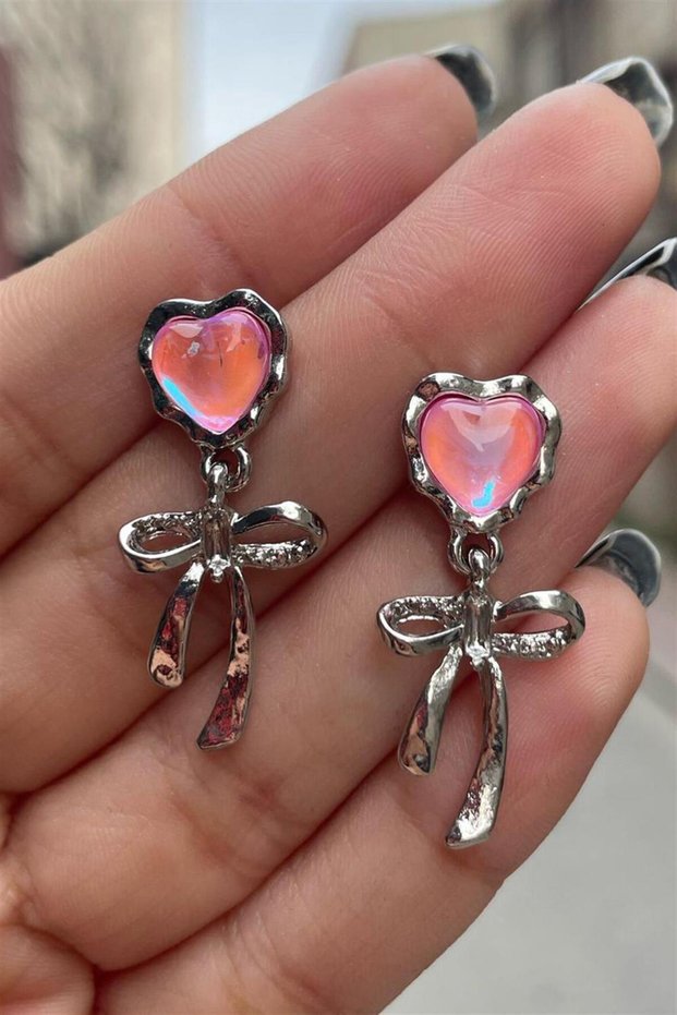 Crystal Lolita Style Pink Heart Bow Detail Earrings