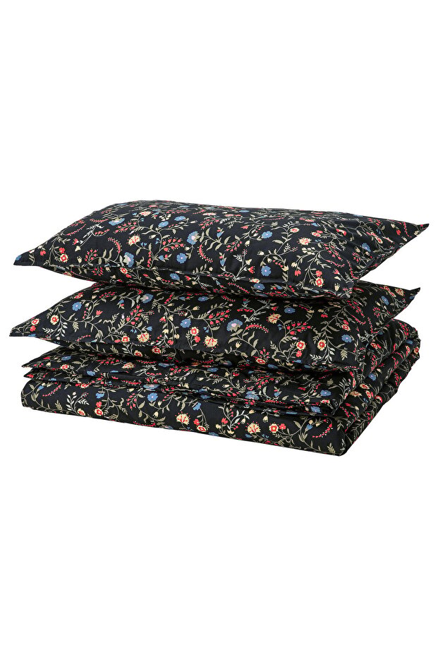 BRUDKRUSBÄR Duvet cover and 2 pillowcases, black multicolour/floral pattern, 240 x 220/50 x 80 cm