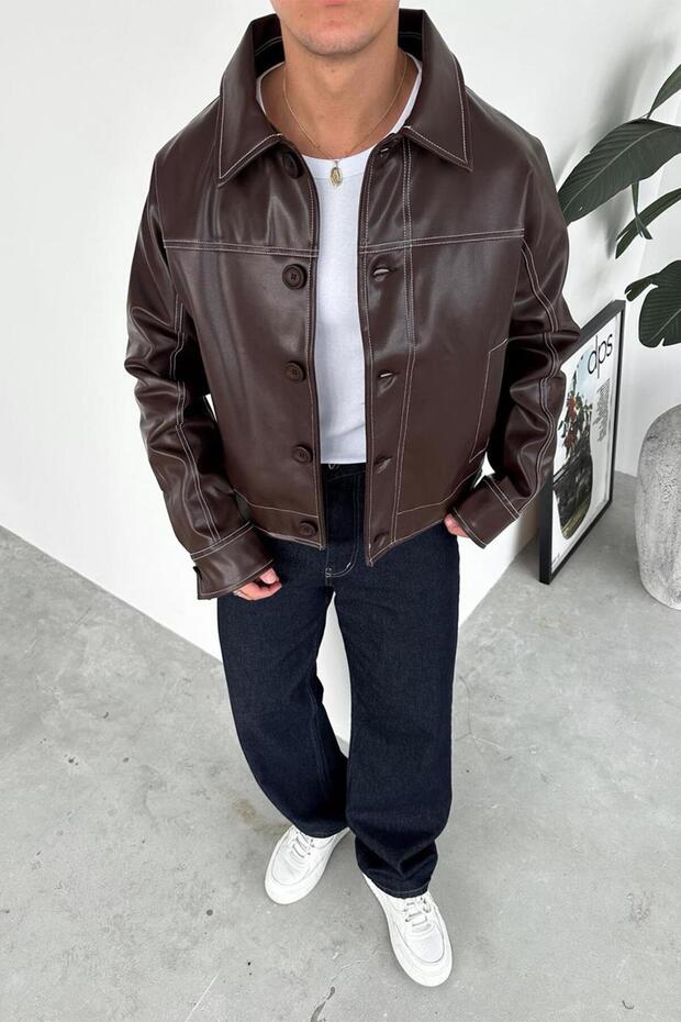 Brown Reverse Stitch Crop Cut Premium Leather Jacket