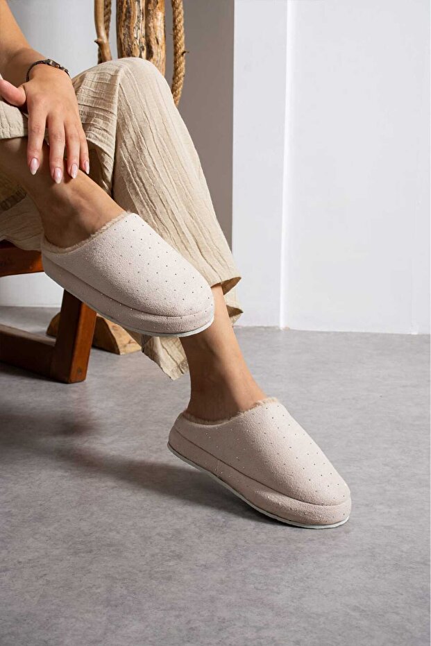 Women's Fur-Lined Stylish Stone-Embroidered Warm-Lined House Slippers Bohça Dowry Slippers Stc1177