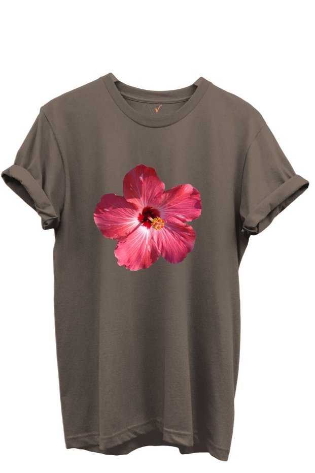 Pink Tropical Hibiscus Floral Women's 100% Cotton Regular Fit Crew Neck T-Shirt
