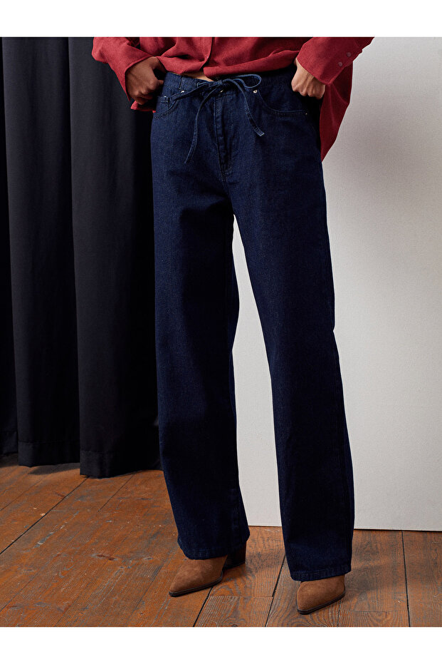 72058 100% Cotton Elastic Waist Denim Trousers-Navy Blue