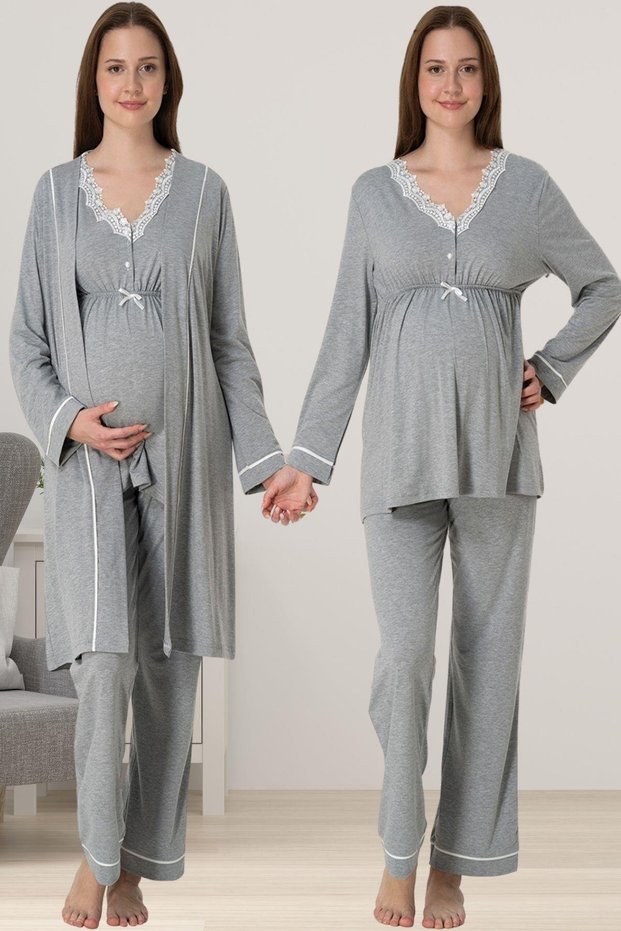 Women's Gray Lace Special Design Cotton Combed Cotton Maternity Pajamas Set 3-Piece Set