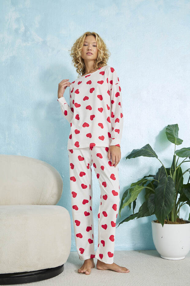 Kalp Desenli Uzun Kollu Pijama Takımı - 7