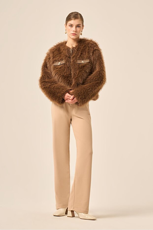 Women's Fur Textured Short Coat Brown 31241