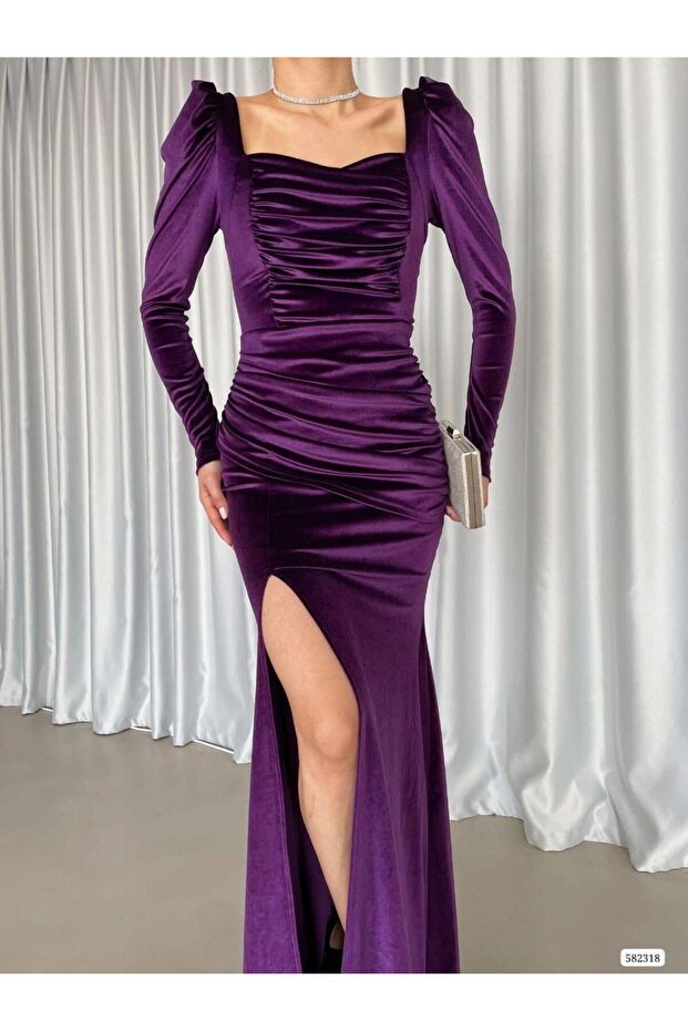 Square Neck Slit Velvet Evening Dress 582318 Mürdüm