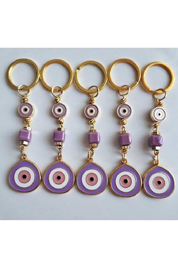 Gift 5-Piece Large Evil Eye Beaded Purple Keychain 10 cm - Piece Price