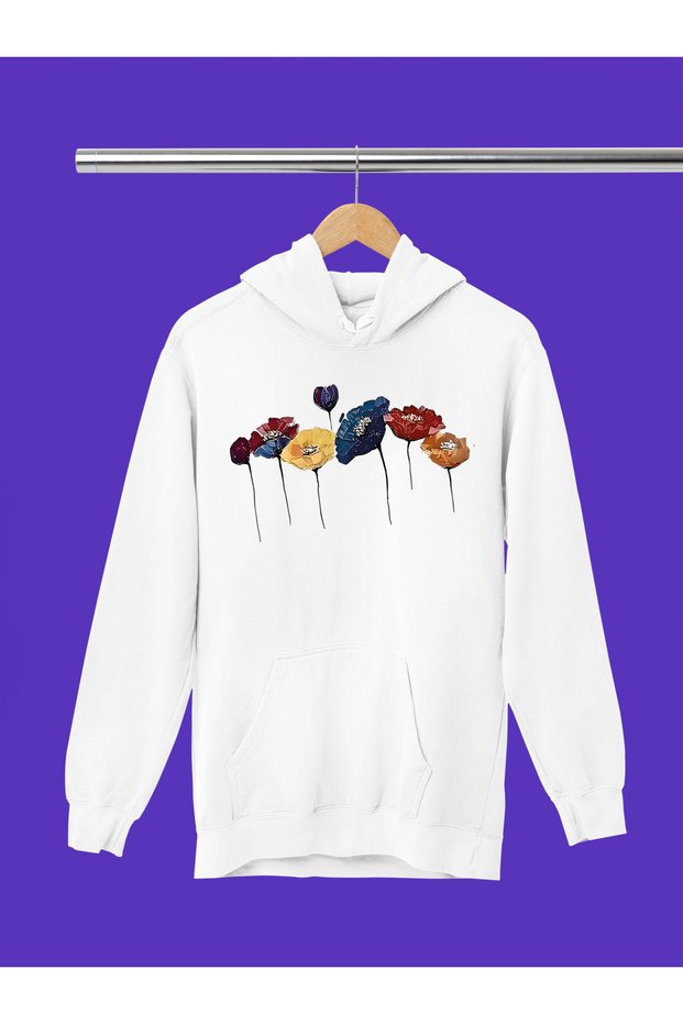 Flowers Printed Cotton Long Sleeve Ribbed 3-Ply Hooded Sweatshirt