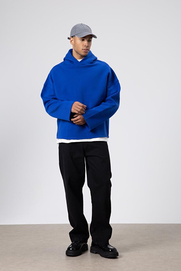 Basic Oversize Dikişsiz Kapüşonlu Sweatshirt Saks - 2