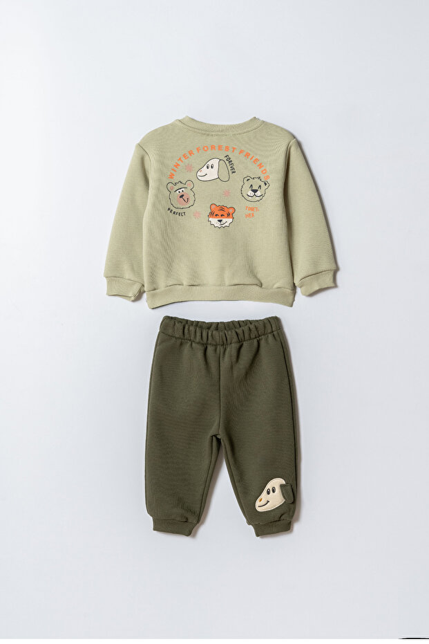 Boys' Cotton Green Sweatshirt and Dog Embroidered Sweatpants Two-Piece Set